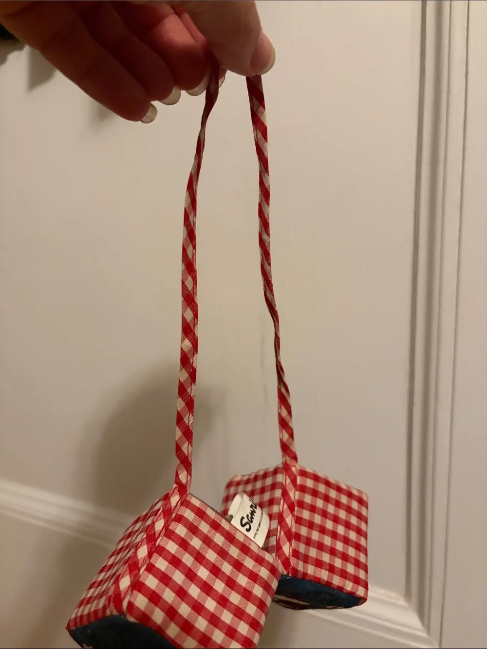 Hello Kitty Red Gingham and Denim Decorative Pillow with Hanging Dice